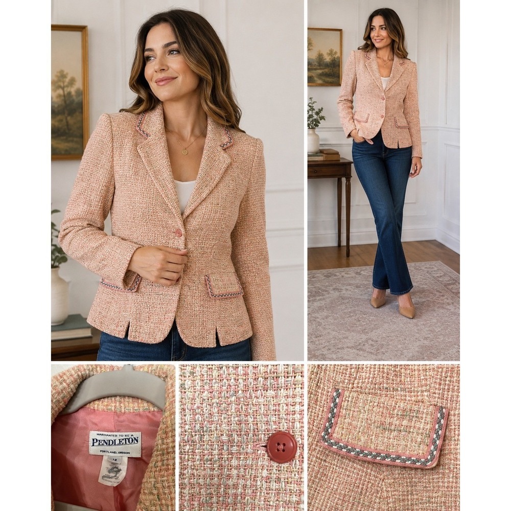 Pendleton Silk Tweed Blazer Jacket Peach Pink Multi Braided Trim Size 12